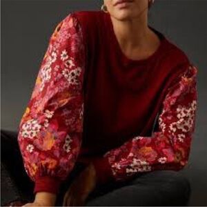 Anthropologie Porridge Sweater Womens M Red Textured Floral Balloon Sleeves Boho